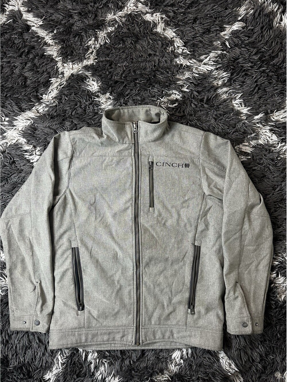 Cinch Mens Gray Bonded Softshell Fleece Lined Jacket Medium M Embroidered Logo